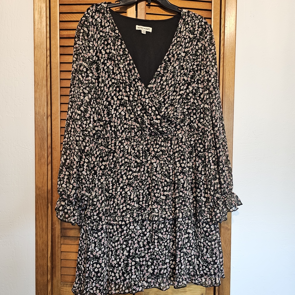 Inspired Hearts Black and Pink Floral Long Sleeve Dress